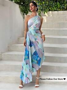 Firerie 女装新款春夏度假浪漫优雅约会不对称扎染印花收腰镂空褶皱单肩连衣裙，女装夏装，女装柔和色调连衣裙，海边装，海边度假连衣裙，不对称下摆连衣裙，波西米亚风服装女 - 彩色 - 查看 2