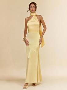 SHEIN BAE 女式黄色缎面不对称细肩带露背连衣裙，性感简约设计，适合派对、鸡尾酒会、正式活动、伴娘、生日、春夏季 - 黃色 - 查看 4