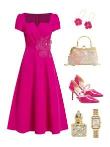 Ellevyn 女式优雅纯色3D花卉装饰连衣裙 - 玫紅色 - 查看 8