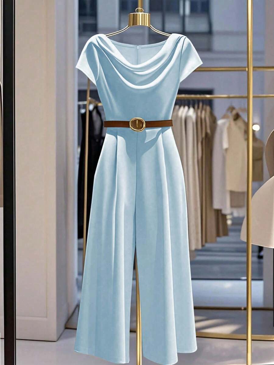 SHEIN LUNE 女式时尚优雅褶皱短袖阔腿连体裤,适合大学穿着 - 藍色 - 查看 1