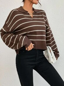 SHEIN PETITE Pull-over à col polo rayé bicolore pour femmes, tricot, automne-hiver - Marron - Voir 3