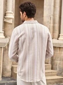 HIMLAND 男士休闲梭织条纹修身长袖衬衫，秋季