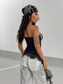 StreetHx 美国性感蕾丝不对称吊带印花露背吊带背心，夏季 - 黑色 - 查看 2