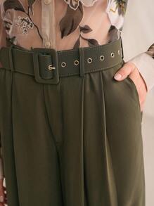 Anewsta 女士优雅高贵百搭飘逸阔腿裤，雪纺垂坠设计，配腰带，商务休闲办公女装 - 軍綠色 - 查看 2