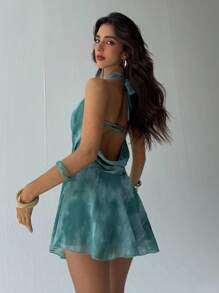 Aloruh Abito mini elegante da donna con collo drappeggiato e stampa tinta unita, abiti estivi da donna, outfit da luna di miele, outfit da vacanza in isola, look Saint John, abiti estivi da donna, abito da invitata a matrimonio, abiti da donna per il sole, abito da vacanza da donna, outfit da club sexy da donna - Verde - Visualizzare 3