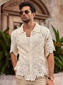 Manfinity VCAY 男士休闲纯色镂空针织开衫男士钩针蕾丝衬衫奶油色蕾丝男士衬衫白色蕾丝男士衬衫男士蕾丝衬衫男士钩针衬衫，适合秋冬 - 彩色 - 查看 4