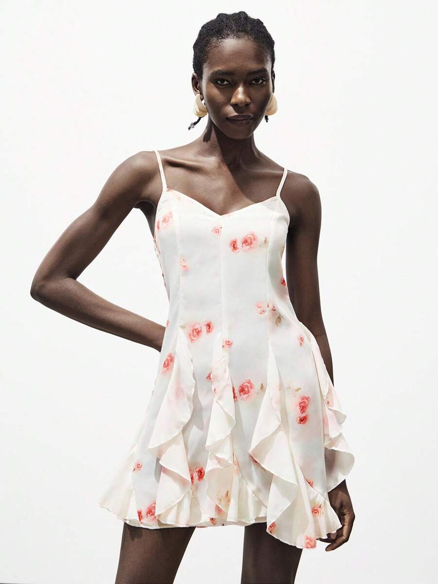 Lumivelle Women's Floral Print Chiffon Ruffle Strap Dress, Comfortable & Natural, Suitable For Vacation, Spring/Summer All White Summer Dress Clothes For University - White - View 1