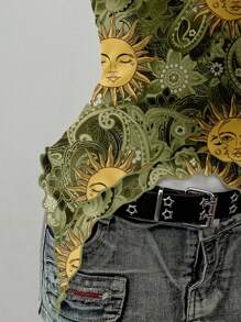SHEIN EZwear Áo ba lỗ cổ yếm in hình mặt trời phong cách Punk cổ điển dành cho nữ, viền bất đối xứng, kết nối hình tròn - Nhiều màu - Xem 4