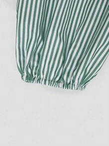 Sweetra 大码休闲通勤条纹泡泡袖系带衬衫 - 綠色 - 查看 4