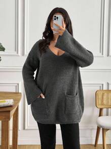EURMUSE Plus Size Solid Color Pocket Detail Long Sleeve Sweater - Grey - View 3