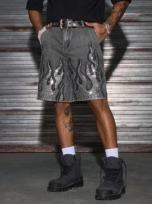 AXEPEAK 男士夏季时尚水钻装饰牛仔短裤，Emo 风格 - 灰色 - 查看 2