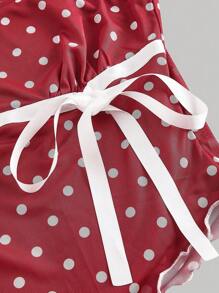 SHEIN MOD Polka Dot Print Bowknot Asymmetric Ruched Mesh Blouse, Red And White Top - Burgundy - View 3