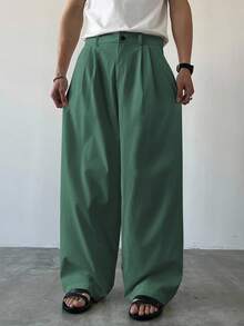 Claim Dot Men's Solid Color Pleated Pocket Wide Leg Loose Casual Pants, Fall - Grass Green - View 3