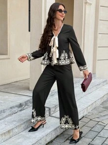 Serisse 女士优雅打结长袖上衣和裤子两件套 - 彩色 - 查看 1