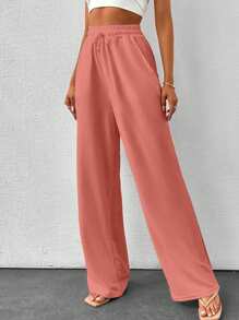 SHEIN Tall Sommer einfarbige beige Hose mit hoher Taille, Kordelzug und weitem Bein in Leinenoptik