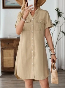 EMERY ROSE 女士休闲节日前扣牛仔连衣裙 - 卡其色 - 查看 4