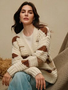 Anewsta Áo len cardigan màu tương phản, phù hợp cho mùa thu/đông và kỳ nghỉ - Màu be - Xem 6