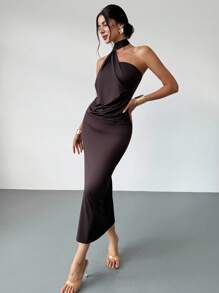 Firerie 女士摩卡不对称亮片袖露背连衣裙，春夏时尚休闲连衣裙，适合通勤、优雅、性感、度假、海滩、波西米亚、夏威夷、音乐节、派对、工作服 - 巧克力棕 - 查看 8