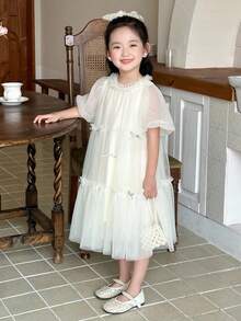 DAZY 韩版少女薄纱蝴蝶结中长派对连衣裙 - 杏色 - 查看 5