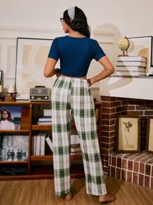 Miss Vinta Cartoon Bear Print Retro Plaid Print Women Pajama Set, Christmas - Multicolor - View 2