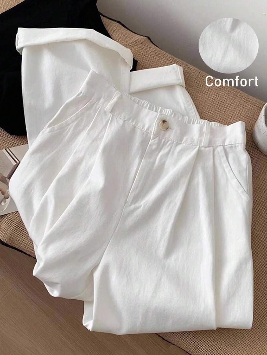 Airaco Quần ống rộng màu trơn đơn giản cho nữ - trắng - Xem 1
