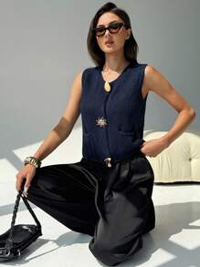 Aloruh New Arrival Autumn Round Neck Sleeveless Metal Button Decor Chunky Knit Cardigan Vest Top - Navy Blue - View 6