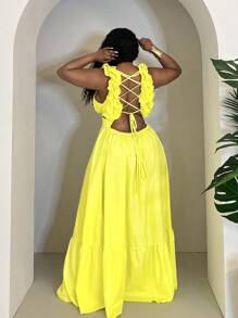 Veslaya 新款锐舞/复活节女装、复古富家女装、乡村音乐会服装、外出服装、仙女风、音乐节服装、热带度假女装、夏季女装、夏季、锐舞、欧洲夏季、春季服装、西部牛仔大码女装、音乐会服装、毕业典礼服装、百搭休闲纯色荷叶边系带深V领层叠长款连衣裙 - 黄色 - M - 黃色 - 查看 3