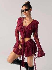 SHEIN ICON Y2k Fall Women's Western Burgundy Ruffled Flare Sleeve Sheer Lace 2 Pieces Set - Burgundy - View 5