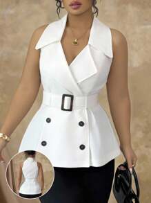 Roveilla 大码女式优雅休闲性感办公室浪漫度假纯色西装外套领撞色扣腰带双排扣无袖衬衫，春夏 - 白色 - 查看 1