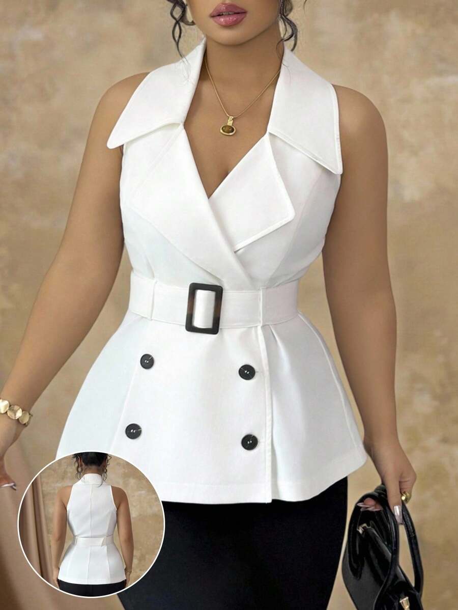 Roveilla 大码女式优雅休闲性感办公室浪漫度假纯色西装外套领撞色扣腰带双排扣无袖衬衫，春夏 - 白色 - 查看 1