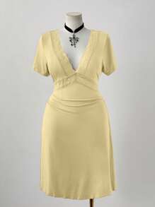 Sweetra Vestido sexy transparente con cuello en V y parches de encaje a la moda - Albaricoque - Ver 5