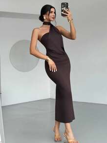 Firerie 女士摩卡不对称亮片袖露背连衣裙，春夏时尚休闲连衣裙，适合通勤、优雅、性感、度假、海滩、波西米亚、夏威夷、音乐节、派对、工作服 - 巧克力棕 - 查看 7