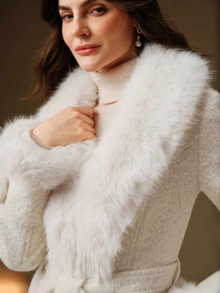 中丈ベルト付きファーカラージャケット、秋冬に最適、外出、エレガント、フォーマル、パーティー、シック、新年、レディースウインターコート、クリスマス、仕事、卒業式、結婚式、高級