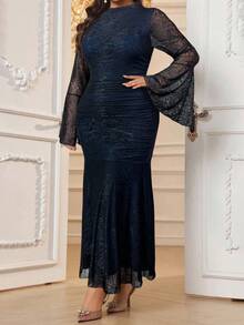 Modelyn Đầm dạ hội dài tay loe họa tiết jacquard trơn màu thanh lịch cỡ lớn cho nữ - Màu xanh lam - Xem 5