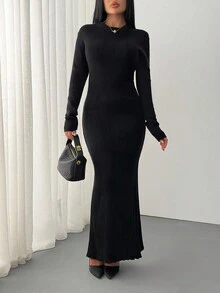 EURMUSE Women Rib Knit Textured Midi Bodycon Sweater Dress Knit,Petite - Black - View 6