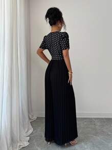 Elenzga 波尔卡圆点印花拼接交叉领口腰带裹身褶皱优雅女式连体裤 - 黑色 - 查看 2