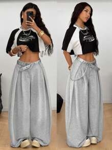 Coolane 女式夏季复古休闲嬉皮街头超大法式灰色弧形下摆宽松裤 - 淺灰色 - 查看 4