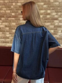 DAZY 女式宽松短袖牛仔衬衫、牛仔夹克、秋季女装 - 藍色 - 查看 5
