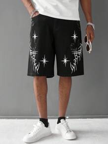 Manfinity LEGND 男士街头时尚休闲刺绣黑色牛仔短裤，适合派对和郊游，Emo 风格 - 黑色 - 查看 6