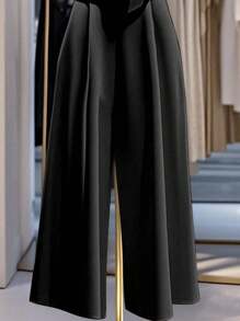 Franclia 女士时尚优雅褶皱连体裤，不含配饰 - 黑色 - 查看 3