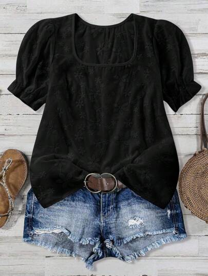 Linhara 大码女式时尚休闲网眼刺绣衬衫