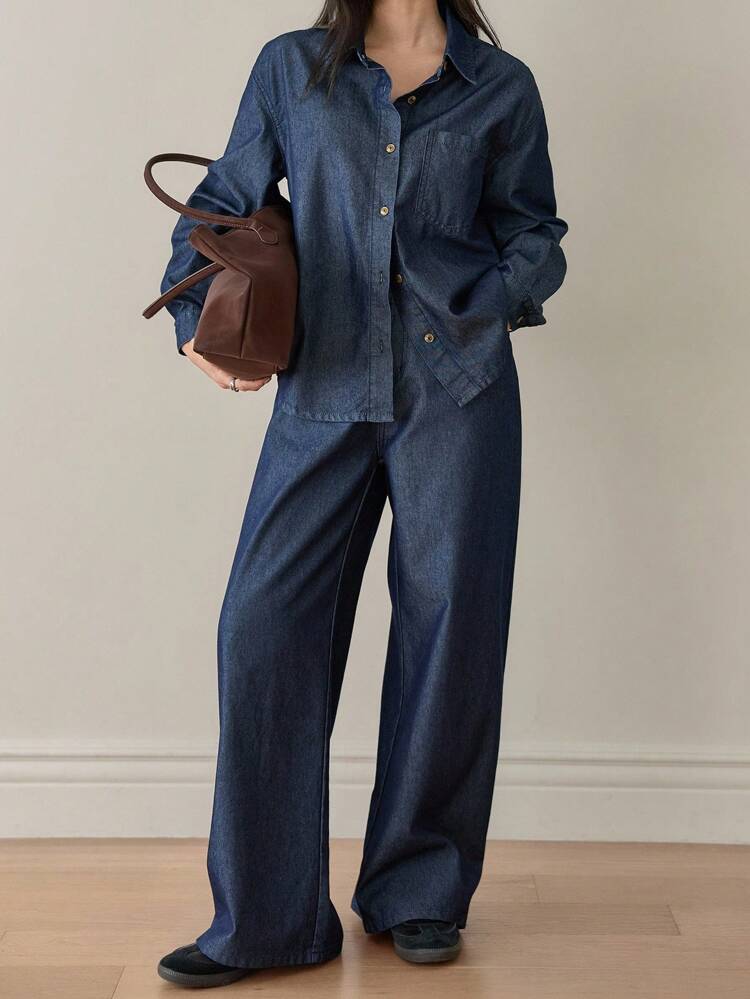 2pcs Women Casual Loose Long Sleeve Shirt And Pants Denim Suit,Fall Women Clothes Business Casual Woman