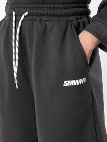 SUMWON Conjunto Esportivo Oversized Juvenil com Moletom com Capuz e Estampa de Slogan e Shorts Combinando, Conjunto Casual de Duas Peças para Primavera, Outono, Inverno - Chumbo - Visão 8