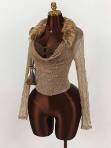 Amplova 可拆卸毛皮拼布复古嬉皮透明蕾丝长袖上衣和金属环短款上衣，两件套上衣