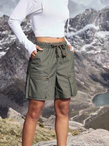 Pantalones cortos de mezclilla casuales y sueltos con cintura con cordón y bolsillo con cremallera para mujer - Verde militar - Ver 4