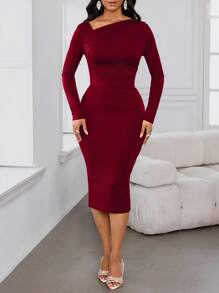 SHEIN Lady 女士优雅纯色修身中长连衣裙 - 酒紅色 - 查看 3