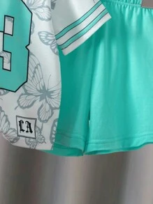SHEIN 2件套男婴休闲运动23号印花V领短袖T恤和短裤套装，男婴街头风服装，男婴运动装，男婴夏季服装，男婴套装，男婴运动服，男婴运动衫套装，男婴夏季服装，婴儿男婴服装，儿童服装，婴儿套装，6个月-3岁男婴夏季服装，男婴服装 - 綠色 - 查看 5