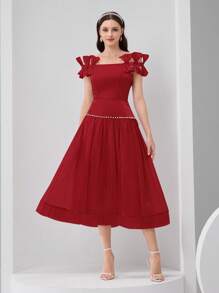 Modelyn Women's Solid Color Bow Decor Off Shoulder Elegant Dress - Red - View 6
