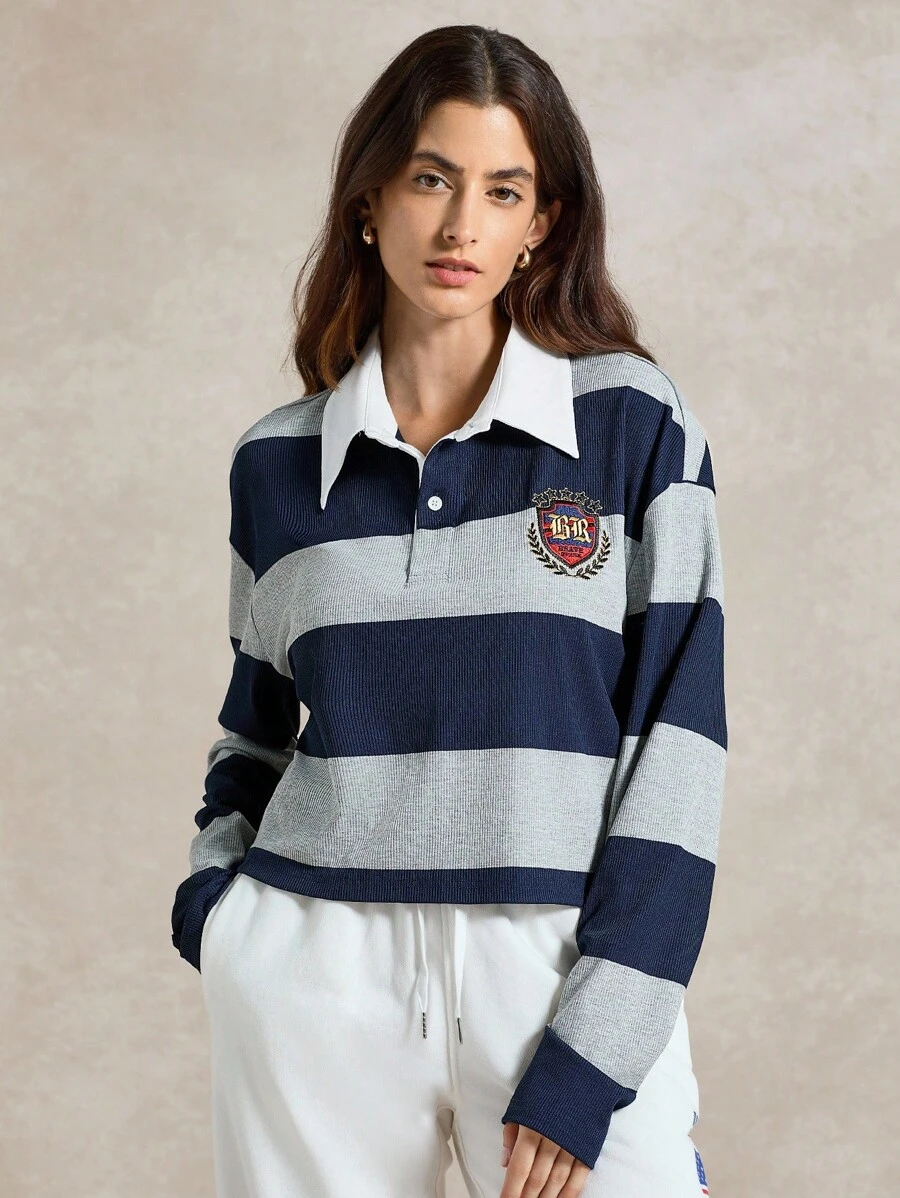 Briarwyn 女士休闲学院风撞色条纹上衣，秋季女装，返校季，复古风女式 POLO T 恤 - 灰色 - 查看 1