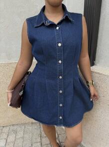 Dripcurv Plus Size Summer Casual Front Button Sleeveless Denim Dress, Spring/Autumn,Only Cute Summer Holiday Elegant Vacation Romantic Curve Farmhouse